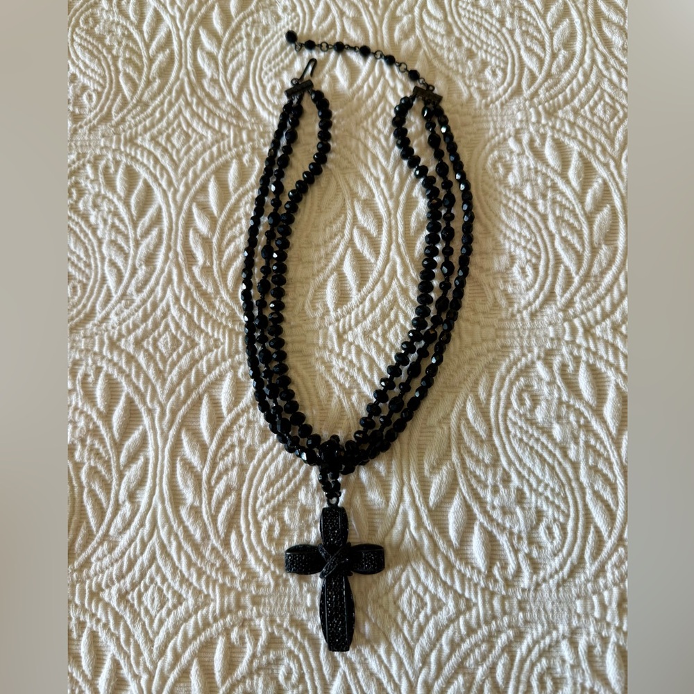 Vintage R J Graziano Black Crystal Beaded Chocker Necklace With Gothic Cross
